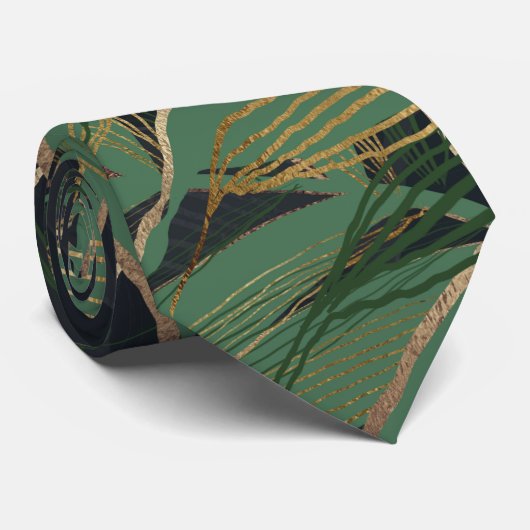 Cravate Palmier Vert Feuille Gold Strokes Gris Design (Roulé)