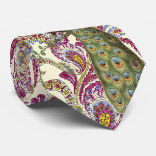 Cravate Paon à motifs cachemire bleu rose vert framboise