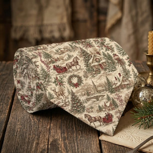 Cravate Papier cadeau Noël Toile Vintage   Cerf & Traîneau