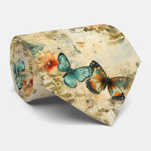 Cravate Papier floral papillon sarcelle orange antique