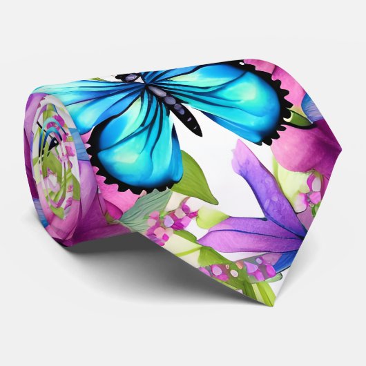 Cravate Papillon bleu dans un champ de fleurs (Roulé)