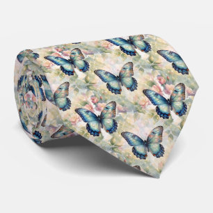 Cravate Papillon Morpho Bleu Floral Botanique Aquarelle