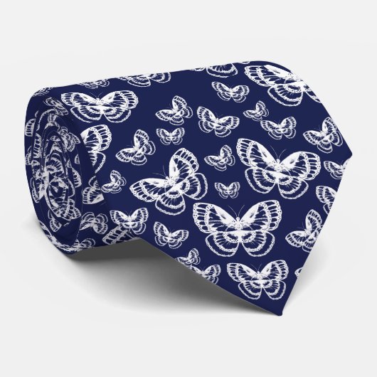 Cravate Papillons blancs sur bleu (Roulé)