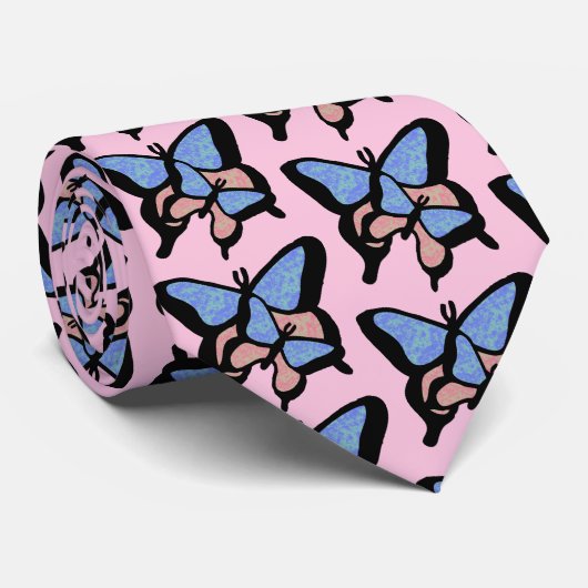 Cravate Papillons bleus et roses (Roulé)