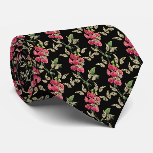 Cravate Papillons Et Fleur De Pois Doux Noir (Roulé)