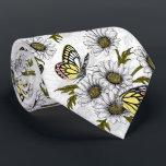 Cravate Papillons Jézabel et fleurs marguerites sur blanc<br><div class="desc">Motif vectoriel dessiné à la main avec papillons jezebel et fleurs marguerites</div>