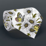 Cravate Papillons Jézabel et fleurs marguerites sur blanc<br><div class="desc">Motif vectoriel dessiné à la main avec papillons jezebel et fleurs marguerites</div>