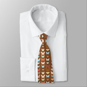 Cravate Papillons, marron, turquoise et corail