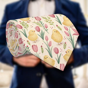 Cravate Pâques vintage poussins jaunes mignons tulipes rou