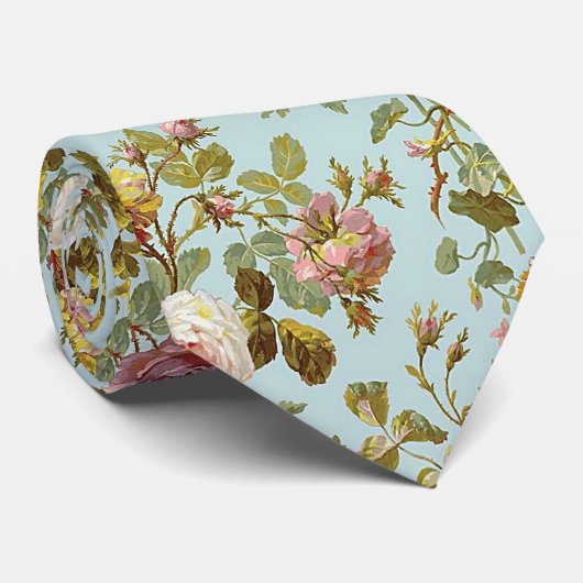 Cravate Pastel Mauve Rose Roses Art Motif Sur Bleu Clair (Roulé)