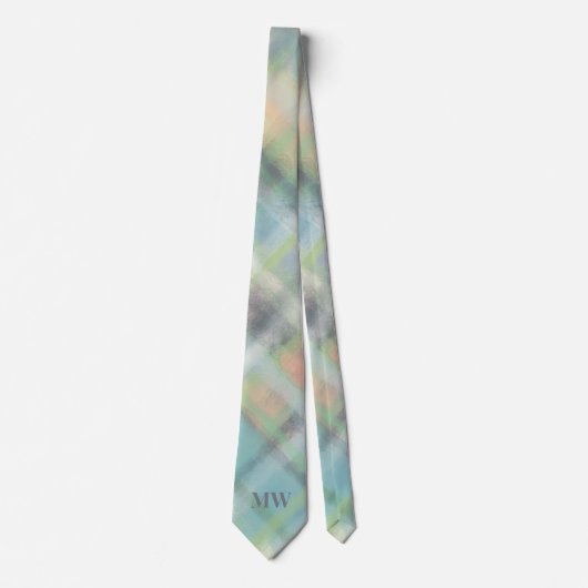 Cravate Pastel Monogram Vert Turquoise gris jaune Plaid Ch (Devant)