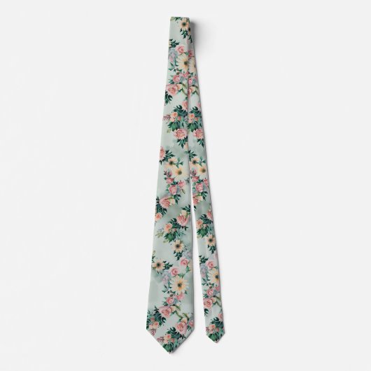 Cravate Pastel Sage Vert Jaune Fleurs de marguerite rose R (Devant)