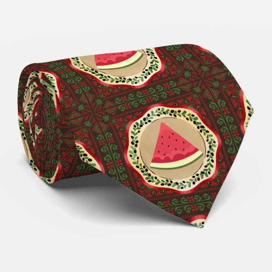 Cravate pastèque sur plaque d'olive avec tatreez palestini (Roulé)