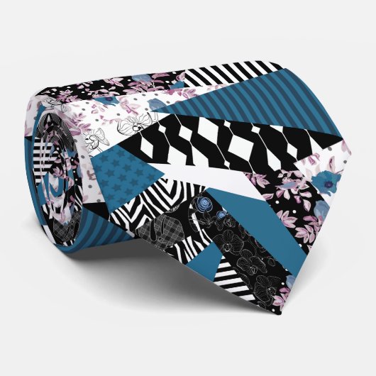 Cravate patchwork bleu, populaire, patchwork, folle, rusti (Roulé)