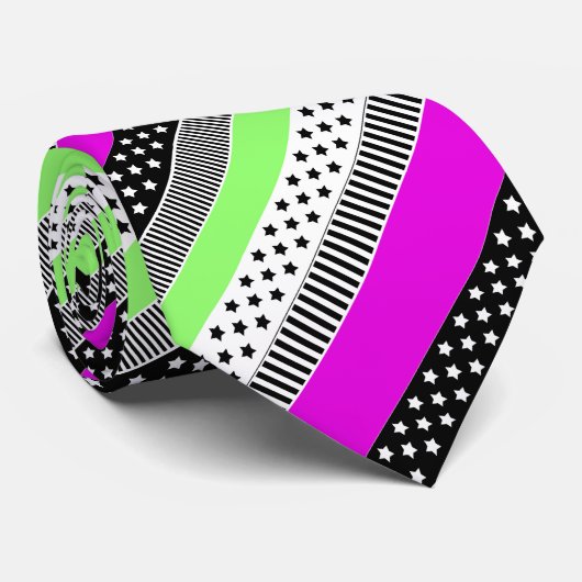 Cravate Patchwork de rayures noir et blanc et néon (Roulé)