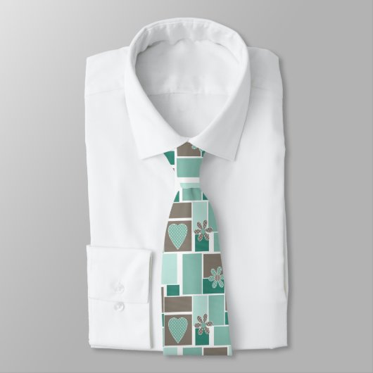 Cravate Patchwork marron turquoise de carrés (Attaché)