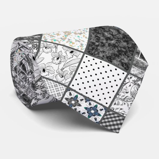 Cravate Patchwork monochrom noir gris blanc patc (Roulé)