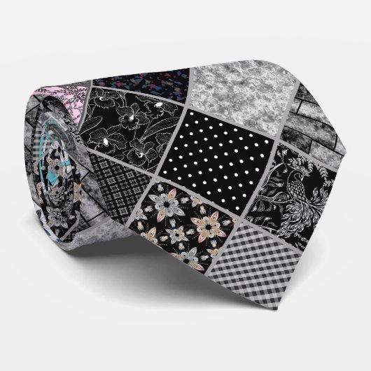 Cravate Patchwork monochrom noir gris blanc patc (Roulé)