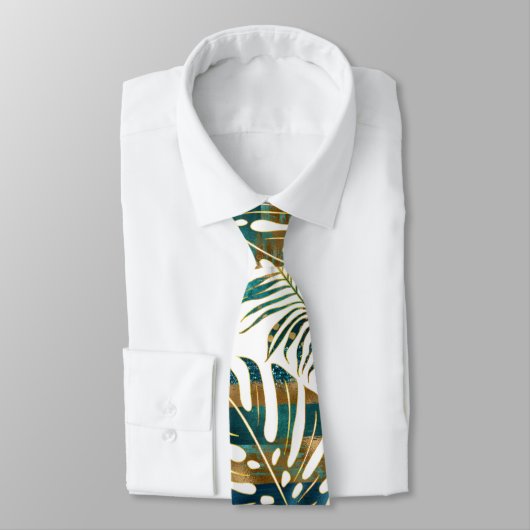 Cravate Patterned tropical leaves teal and gold (Attaché)