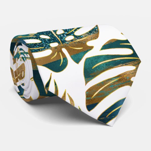 Cravate Patterned tropical leaves teal and gold (Roulé)