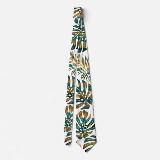 Cravate Patterned tropical leaves teal and gold (Dos)