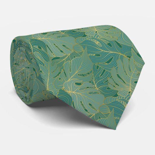 Cravate Paume luxuriante feuille motif en vert et or (Roulé)