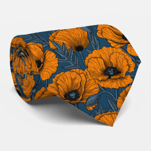 Cravate Pavot orange sur bleu foncé