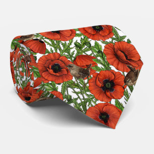 Cravate Pavot rouge et brindilles, feuilles verts sur blan