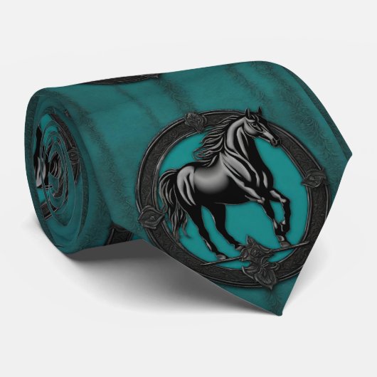 Cravate Pays de l'Ouest équestre Turquoise Cheval noir (Roulé)