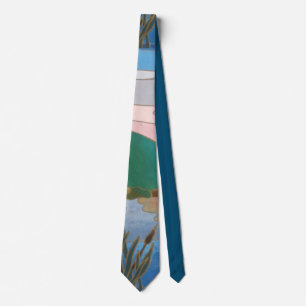 Cravate Paysage d'art abstrait motif bleu vert et rose