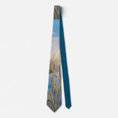 Cravate paysage d'art abstrait roseaux bleu brun et or (Devant)