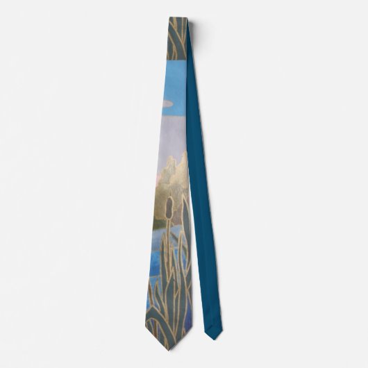 Cravate paysage d'art abstrait roseaux bleu brun et or (Devant)