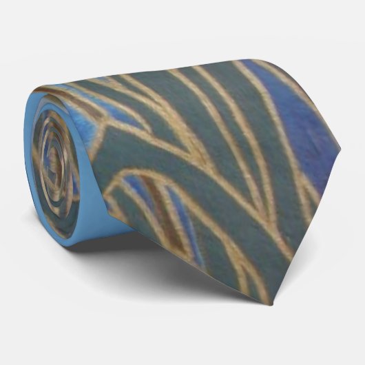 Cravate paysage d'art abstrait roseaux bleu brun et or (Roulé)