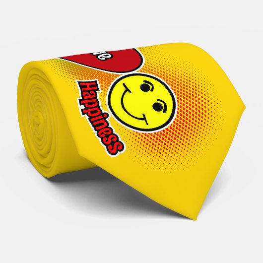 Cravate Peace Love Happiness Symboles avec nom sur JAUNE (Roulé)