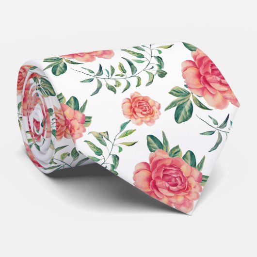 Cravate Peach & Red Roses Motif Aquarelles (Roulé)