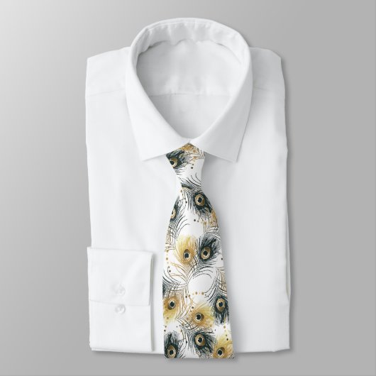 Cravate Peacock Feed Black White Gold Mens Necktie (Attaché)