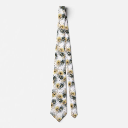 Cravate Peacock Feed Black White Gold Mens Necktie (Devant)