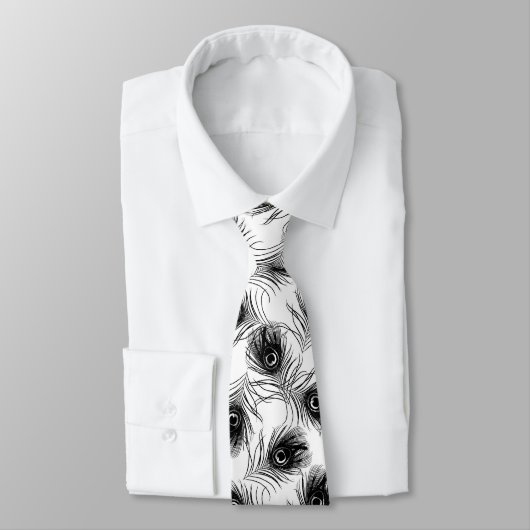 Cravate Peacock Feed Black White Mens Necktie (Attaché)