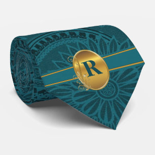 Cravate Peacock Monogrammé Turquoise avec Accents Or
