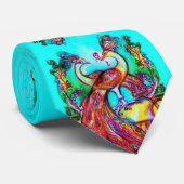 Cravate PEACOCKS EN AMOUR Bleu Rouge Turquoise Vert Floral (Roulé)