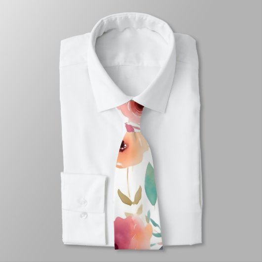 Cravate Pêche et aquarelle bleu Necktie florale (Attaché)