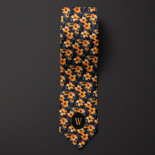 Cravate Pêche et couleur noire Monogramme floral