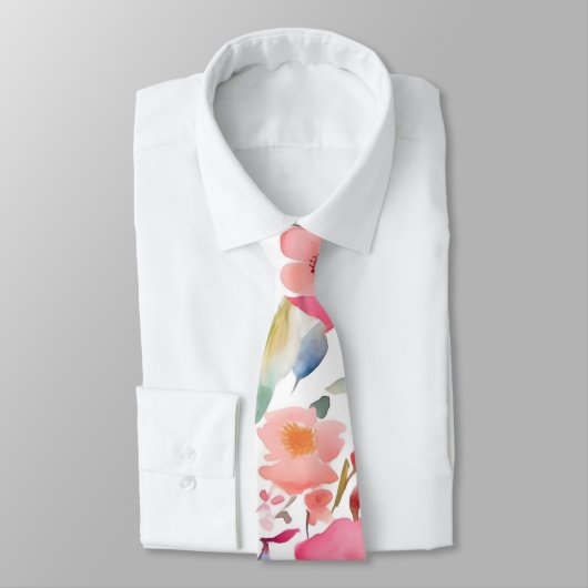 Cravate Pêche et Rose Aquarelle Necktie Florale (Attaché)