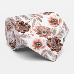 Cravate Pêche, fleurs en terre cuite sur blanc