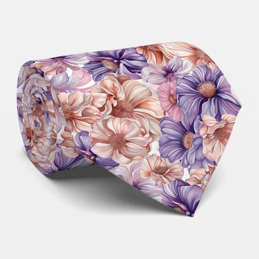 Cravate Pêche, Rose, Violet Floral (Roulé)