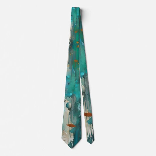 Cravate Peinture Abstraite Feuilles d'automne Turquoise Ro (Devant)