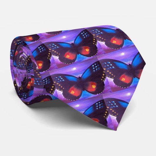 Cravate Peinture bleue de coucher du soleil de papillon - (Roulé)