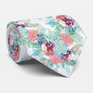 Cravate Peinture Main Rose Menthe Pivoine & Succulent Fleu