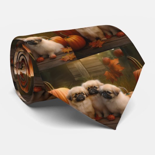 Cravate Pekingese Chiot Automne Citrouille délice (Roulé)