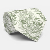 Cravate Peoné et papillons bloc impression, sauge vert et (Roulé)